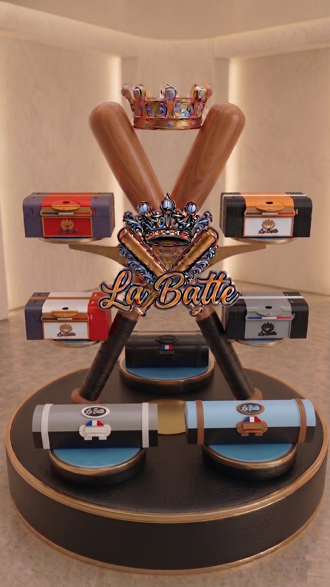 Présentoir La Batte garni de box — concept